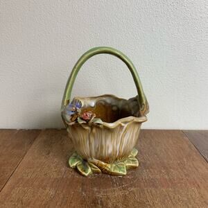 Vintage Majolica Style Blue Birds On Cabbage Leaf Handle Ceramic Basket‎ Art